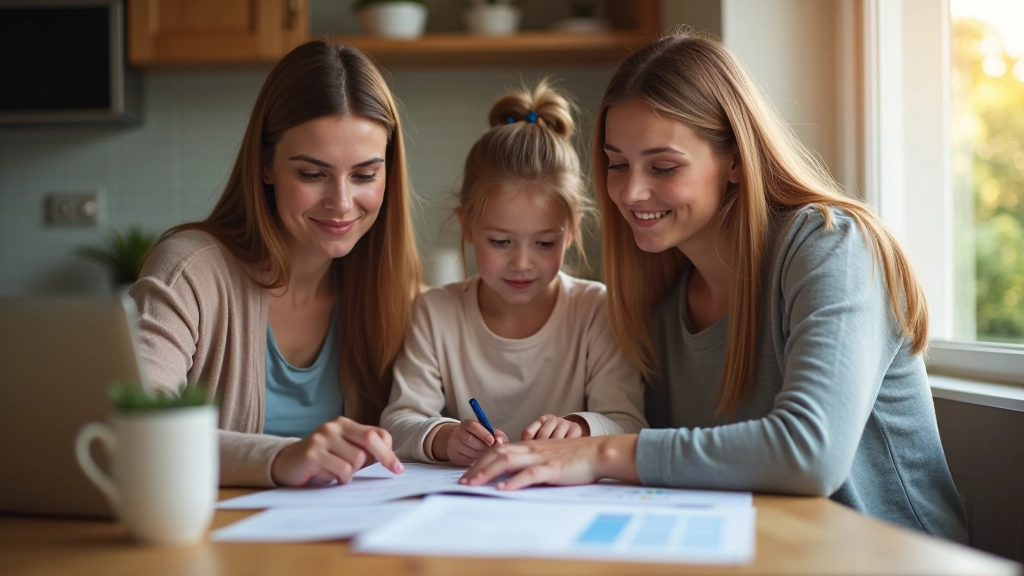 Rodina sedí u stolu a plánuje budoucnost se svými financemi a poznámkami