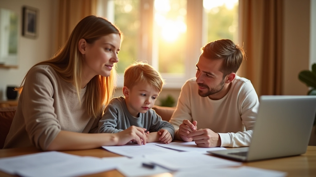 Rodina plánující budoucnost vzdělání dítěte, moderní domácnost s notebookem a dokumenty o spoření