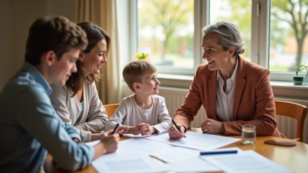 Rodina sedící u stolu a plánující vzdělání dítěte s grafy a poznámkami