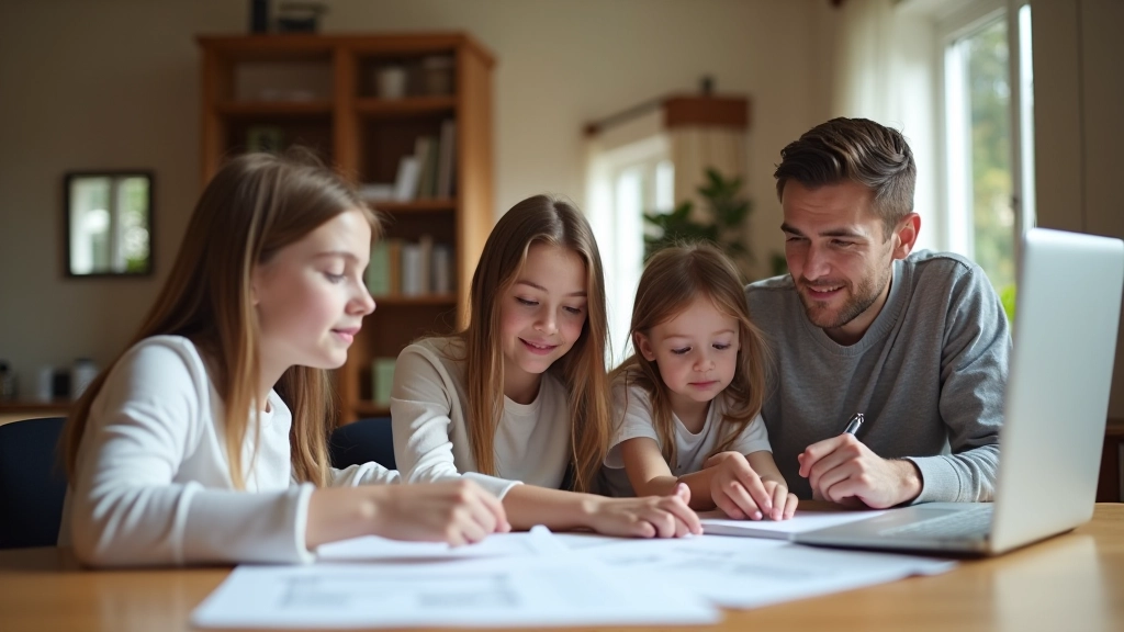 Rodina sedící u počítače a plánující finanční budoucnost svých dětí s notebookem a kalkulačkou