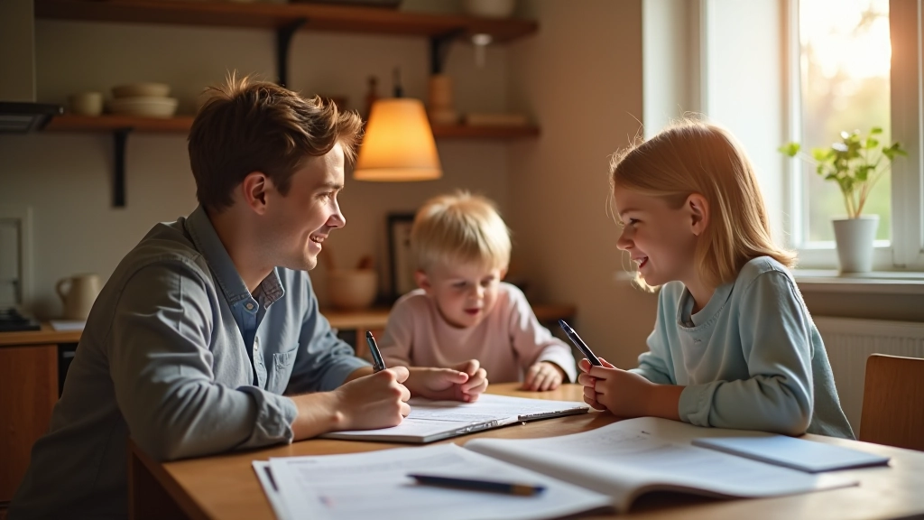 Rodina sedící u stolu s notebookem a dokumenty týkajícími se plánování vzdělání