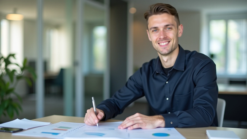 Konzultant Vzdělávacího Fondu v kanceláři, ukazující dokumenty o spoření a plánování, profesionální prostředí s grafy