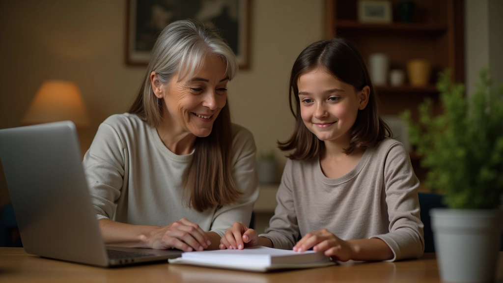 Starší žena a mladá dívka společně sedí u notebooku a diskutují o spořicím plánu na vzdělání