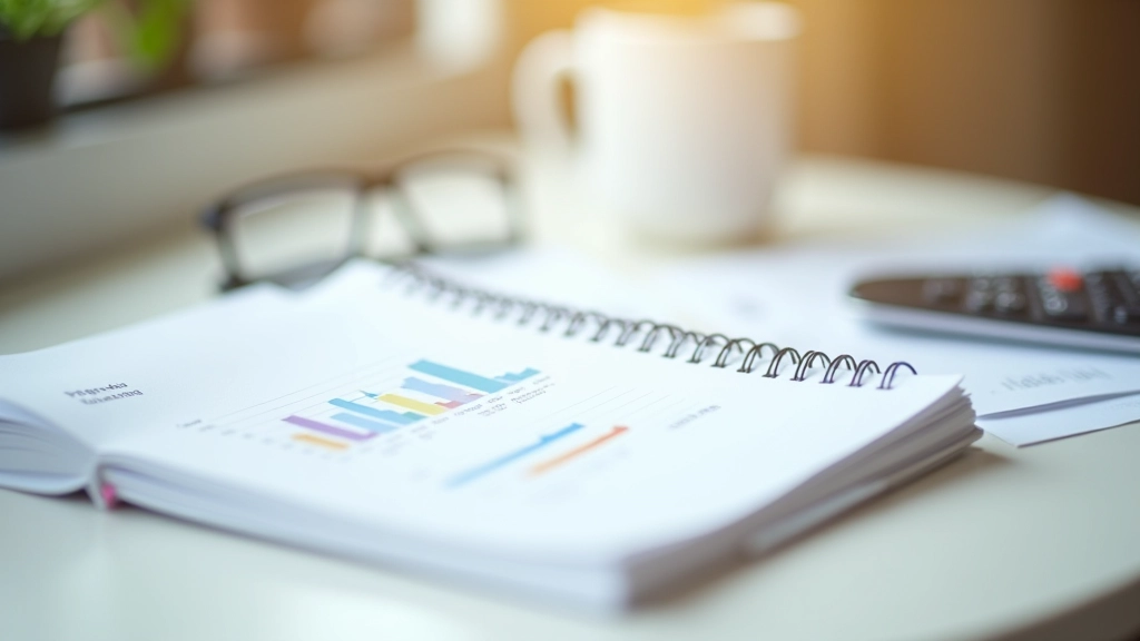 Notebook s grafem růstu investic a kalkulačkou ukazující výpočet úroků na spořicích účtech