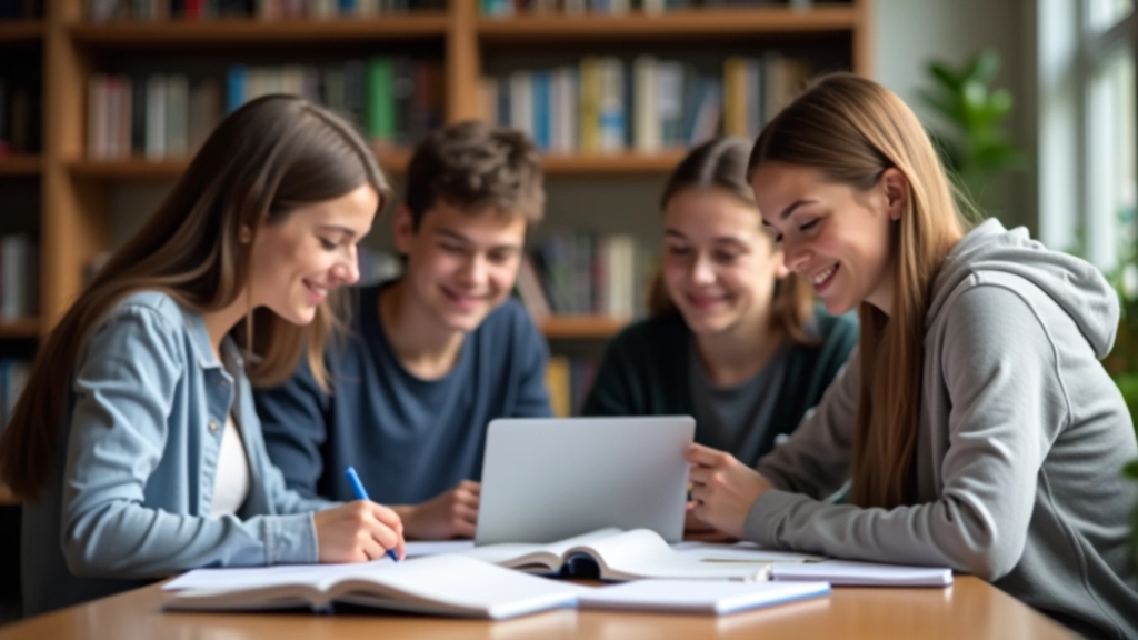 Studenti sedí u stolu v knihovně a diskutují o rozpočtu na studium